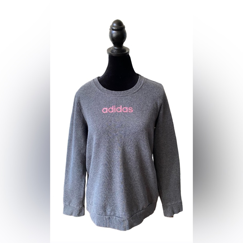 Adidas: Gray Pullover Sweatshirt with Pink Metallic Adidas Logo